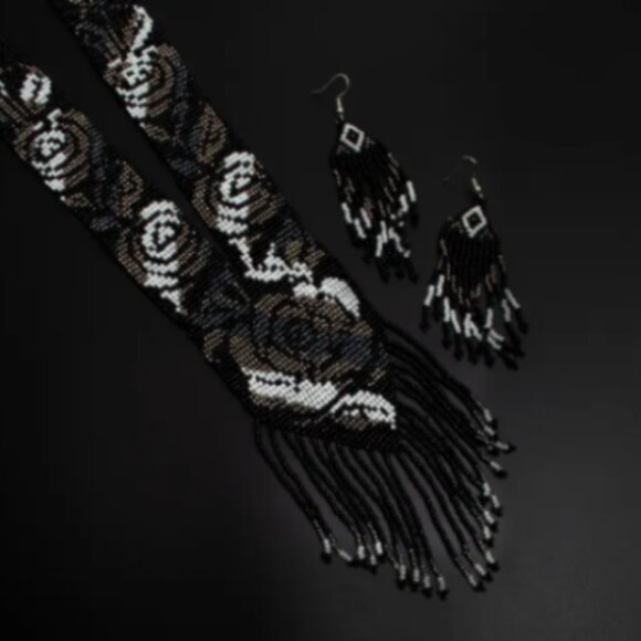 Handmade Beaded Jewelry Set – Boho Necklace & Earrings Rose Black - Picture 2 of 2